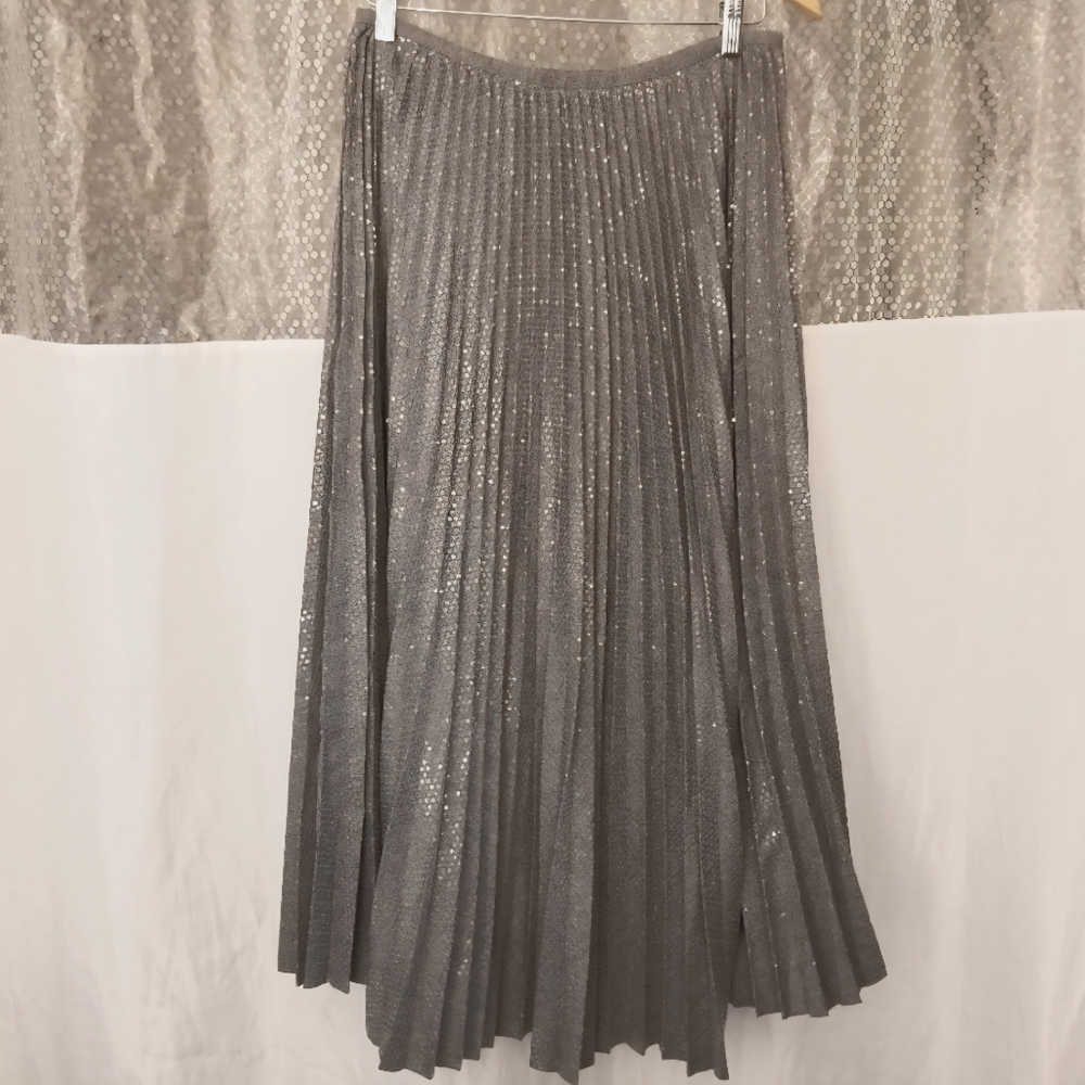 Lafayette 148 New York Sequined Pleated Midi Skirt, Light Gray, 6-8, NWT